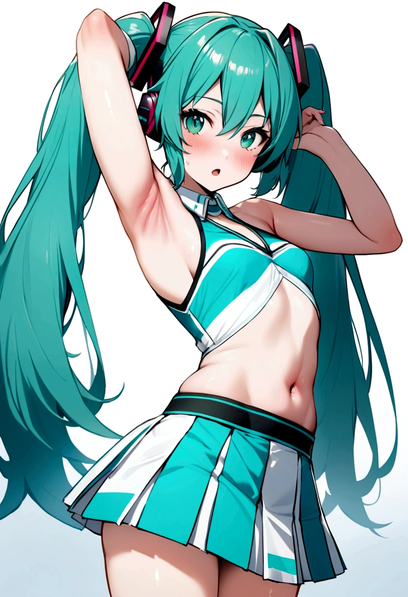 extremely detailed CG unity 8k wallpaper, beautiful detailed girl, beautiful detailed face, beautiful detailed eyes, glawing eyes, perfect shadow, masterpiece, best quality, perfect skin, shiny skin, perfect hands, perfect girl,
1 girl, (huge breasts:1.2), pop alien background, (upskirt:1.2), looking back, from behind, from below,
angry face, parted lips, wide hip, wet body, lace-trimmed white panties, cameltoe, looking at viewer, <lora:redial-miku-epoch20:0.7>, redial miku, bare legs, long hair, twintails, headphones, aqua hair, navel, aqua eyes, camisole, choker, white mini skirt, midriff,