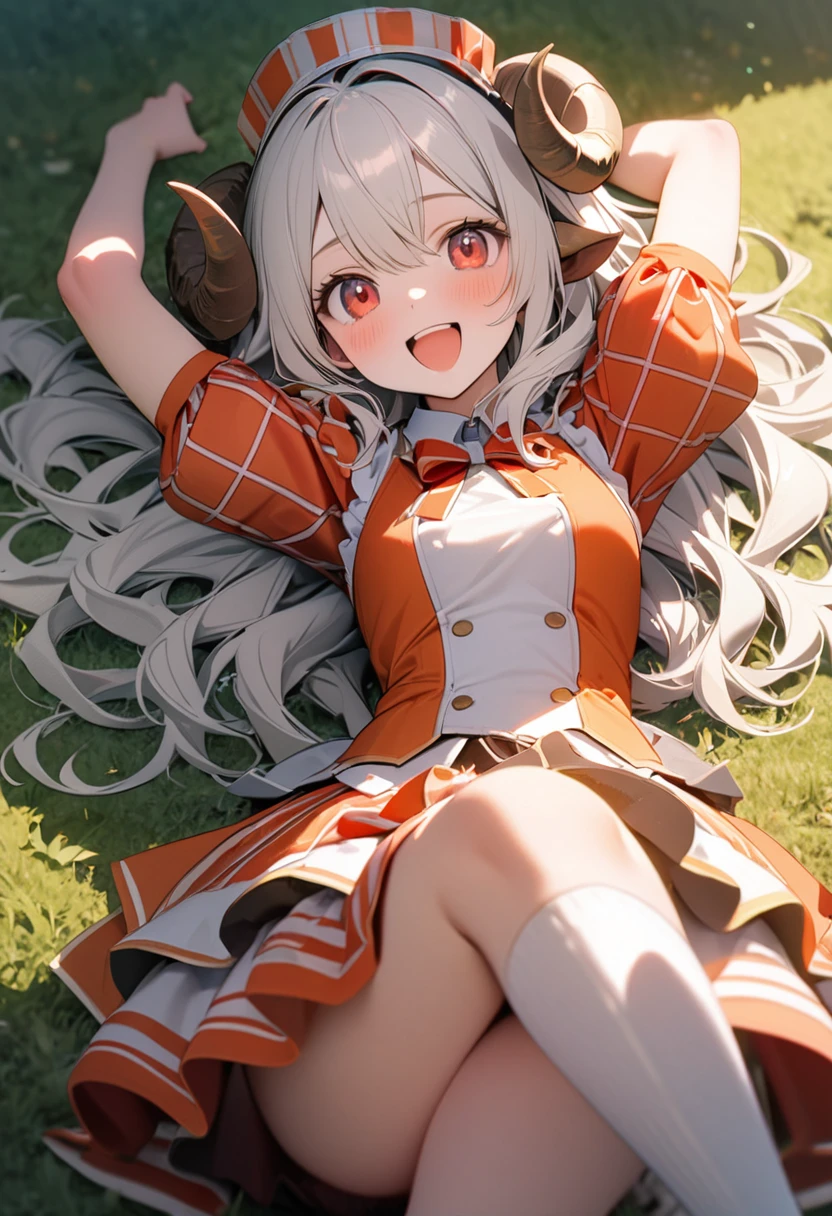 (8K, best quality, master piece: 1.2), super high resolution,1 girl,solo,16yo,ultra-detailed face,detailed eyes,Sheep’s horns attached to the head,Long hair,silverhair,wavy hair,plaid pattern short sleeve red idol costume,over-kneehighs,mary janes,happy,red eyes,lying on one’s back, arms raised in the air,looking at viewer,rim light, (cow meadow background:1.2), outdoors
