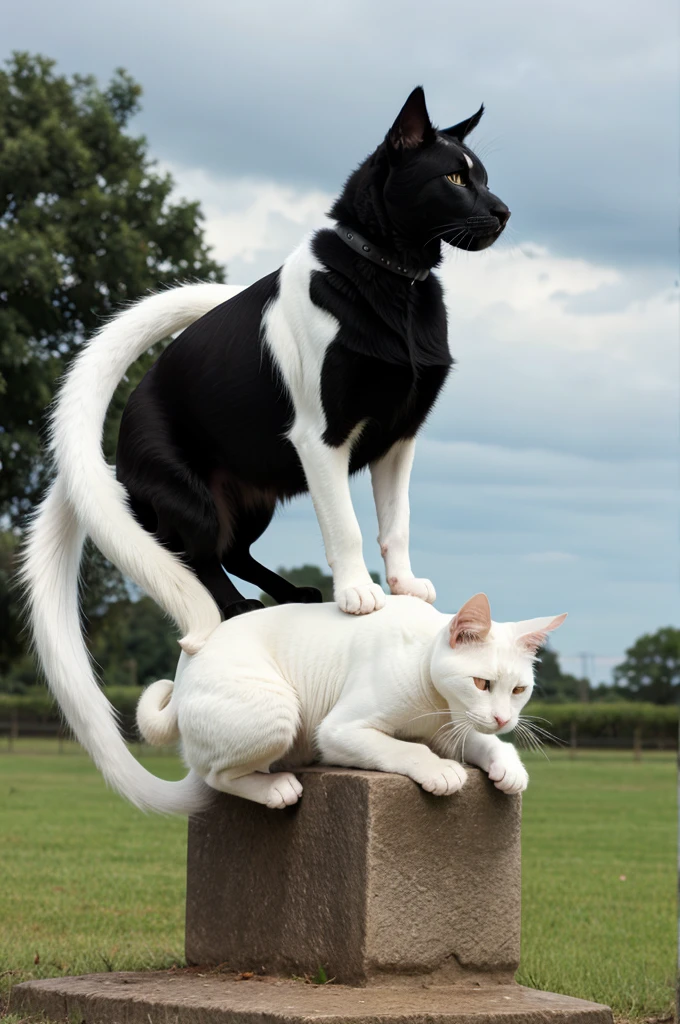 A white beautiful cat riding over a black dog
