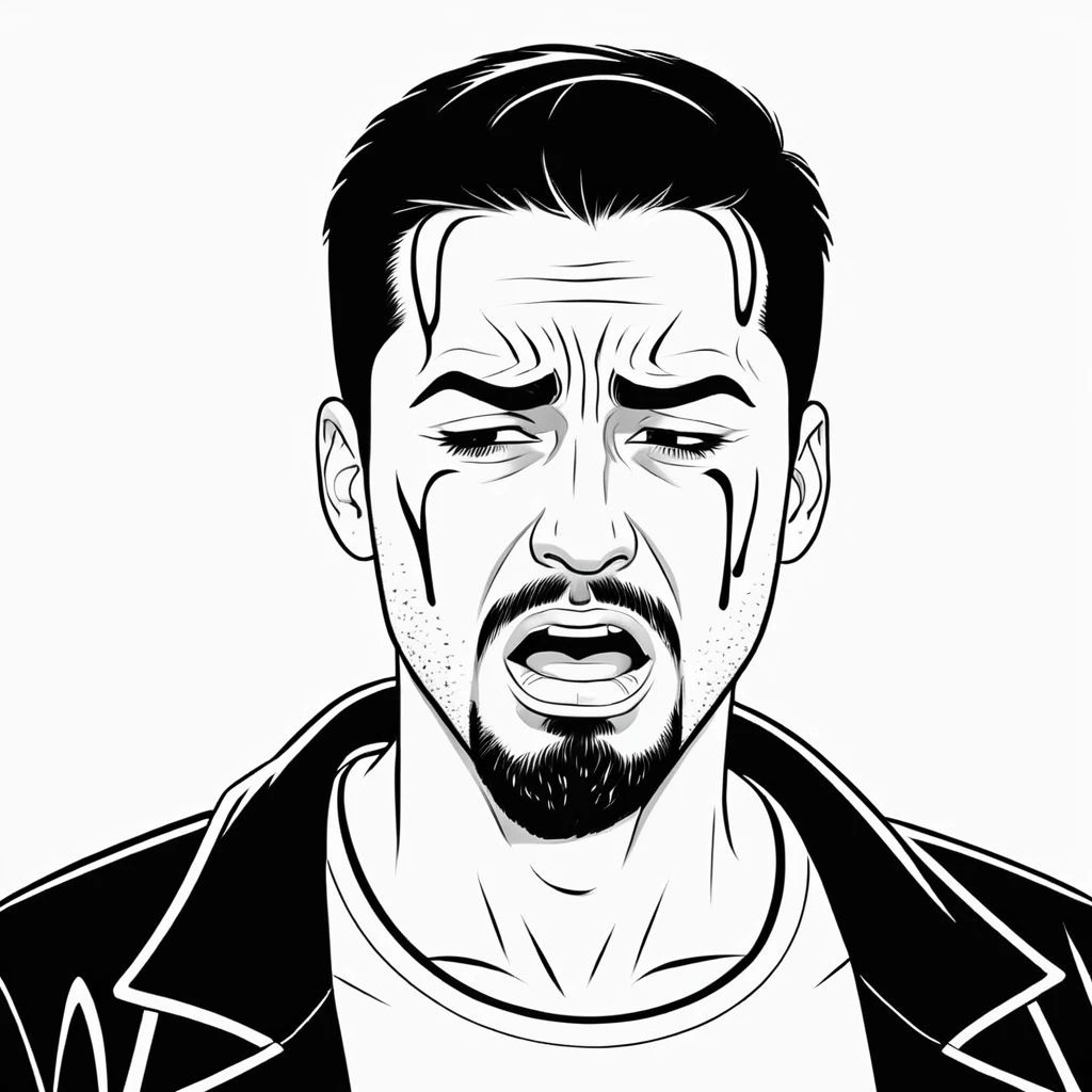 bad guy crying after being shot, coloring page, black and white, white background