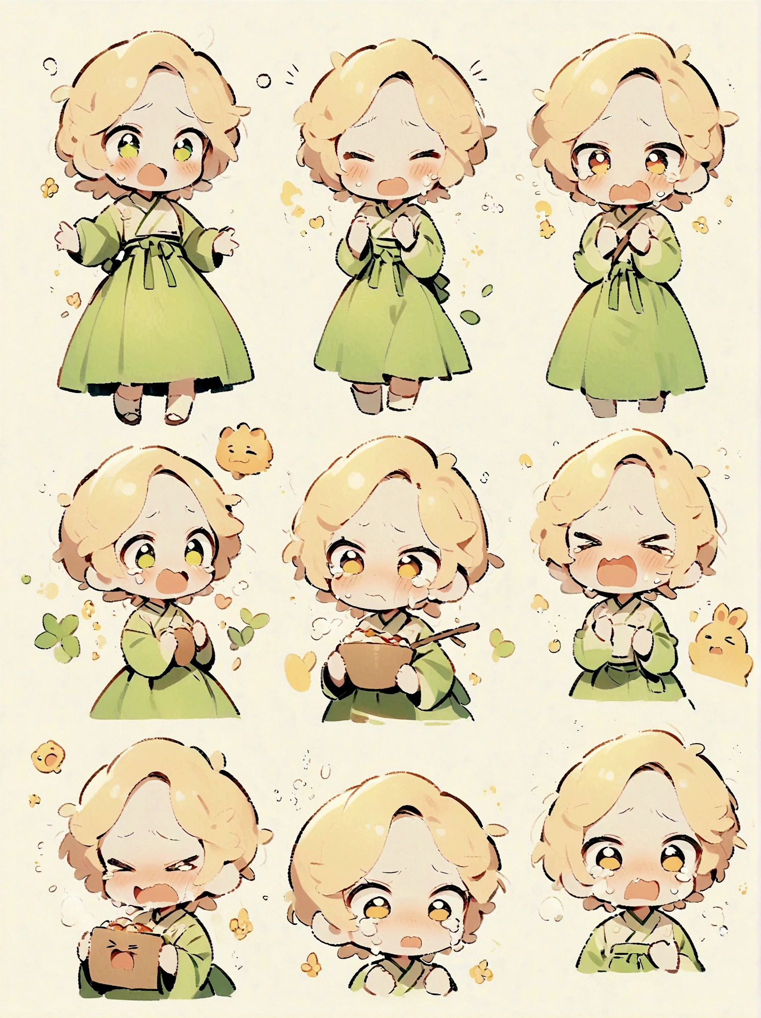 ***********, green hanbok, classical and delicate, bust, chibi, 9 poses and expressions, emoticons [dizzyhappy, angry, crying, sad, cute, expectant, laughing, disappointed and shy, sleepy, eating, dizzyexpressing love, etc,1, line art, stick-er art, white background