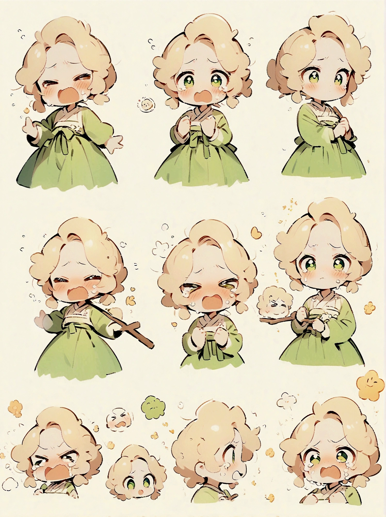 Little girl, green hanbok, classical and delicate, bust, chibi, 9 poses and expressions, emoticons [dizzyhappy, angry, crying, sad, cute, expectant, laughing, disappointed and shy, sleepy, eating, dizzyexpressing love, etc,1, line art, stick-er art, white background