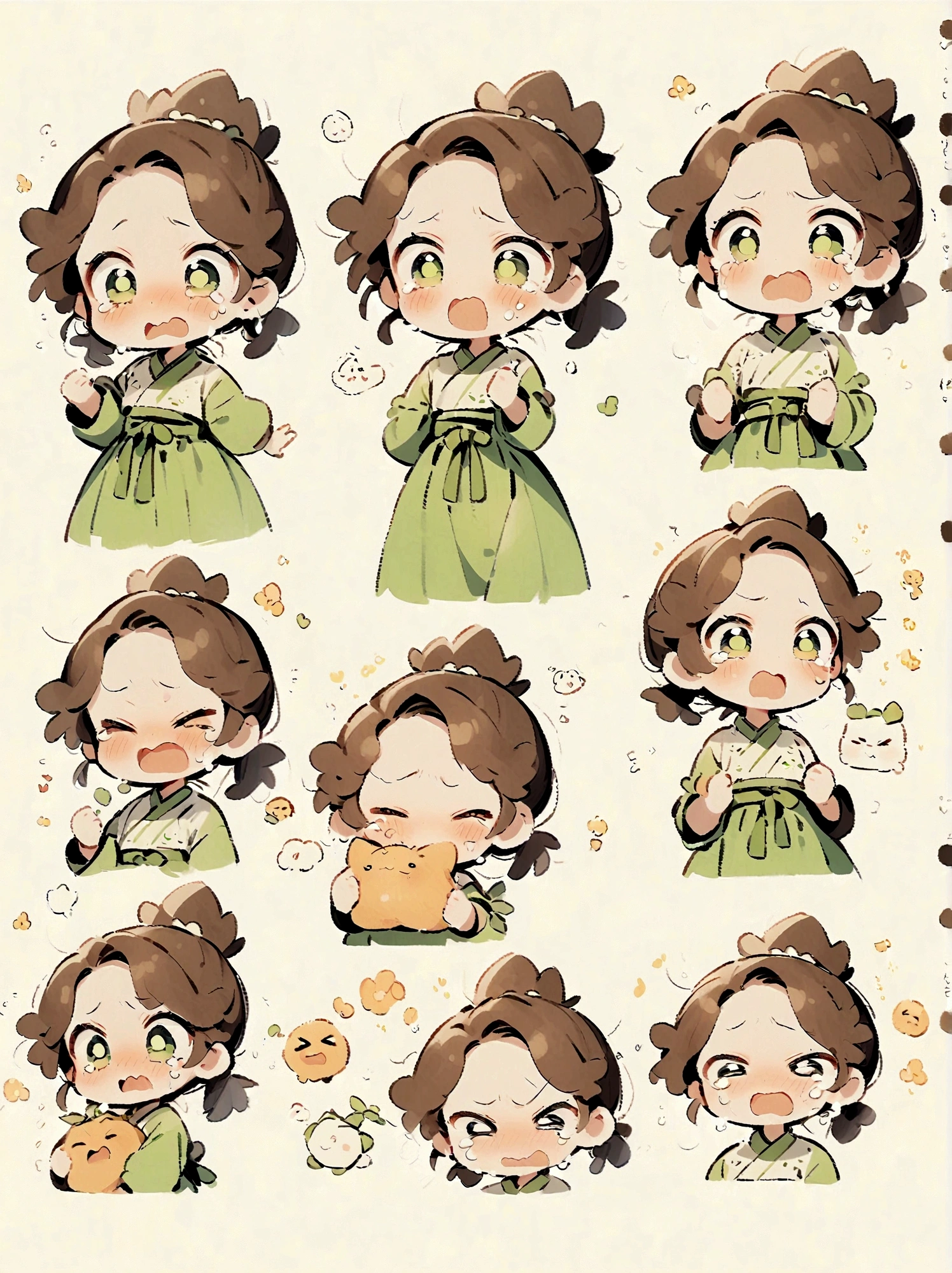 ***********, green hanbok, classical and delicate, bust, chibi, 9 poses and expressions, emoticons [dizzyhappy, angry, crying, sad, cute, expectant, laughing, disappointed and shy, sleepy, eating, dizzyexpressing love, etc,1, line art, stick-er art, white background