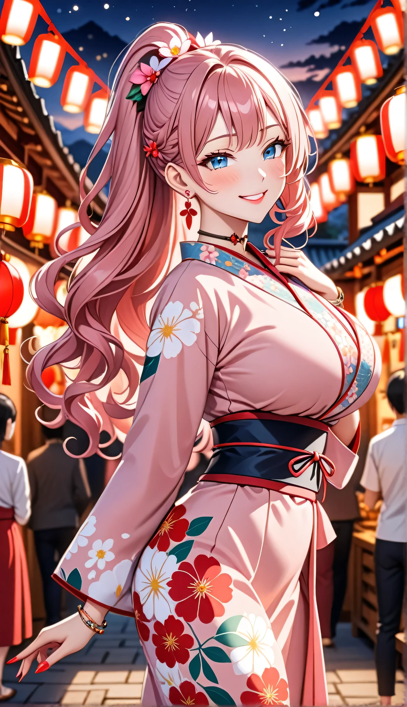 ultra-detailed, ((one girl)),pastel colour,  hyper detailed, absurdres, 8K, Beautiful Face, (Laugh shyly), ((teasing smile:1.8)), ((wink:2.0)), (Laugh with your mouth wide open),(Tilt your head:1.3),  View your viewers, ((Bright red cheeks:1.6)),Glossy Red Lips, ((Big Breasts:1.5)), (valley),night, Shrine festival stalls, (Brighten your face), ((Anime style background)),masterpiece, Highest quality, so beautiful,Latest, complex details, (Pink long nails), (nail art), (ring),(bracelet), (Floral Choker),AI-generated, complex,High resolution, Highest quality, super high quality,3D Images、3D Images,one person,Pastel pink long hair,(High Ponytail), (wavy hair:1.3), Pastel colour anime woman posing for a photo, ((Fine grain、blue eyes、glowing eyes:1.4)), (Squint your eyes:1.1),a hyperRealistic , hyperRealistic , Realistic,Anime woman with long pastel pink hair, Smooth anime CG art, A girl wearing a gorgeous kimono in pastel colour, ((White long-sleeved kimono)),(Pink large floral pattern) ,Long flower hair ornament,Floral Earrings,Mature Body, tall,Abdominal muscles,Tight waist,((arched back:1.9)), (front view),