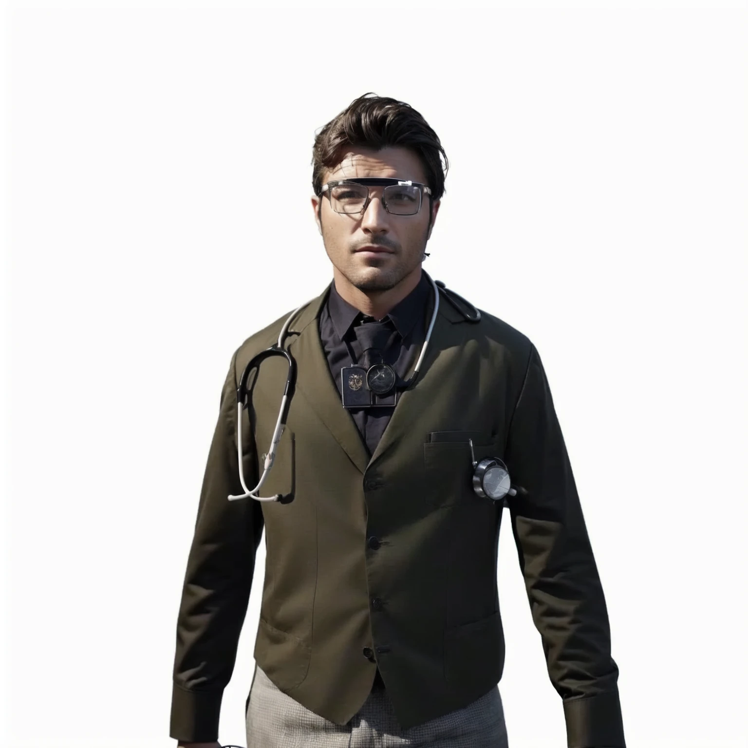 realistic, arafed male in a doctor's uniform and glasses with a stethoscope, professor clothes, doctor, gta character, (doctor), surgeon, medic, medical doctor, mechanic punk outfit, elite scientist, detective clothes, pilot outfit, inspired by Doc Hammer, the doctor, realistic