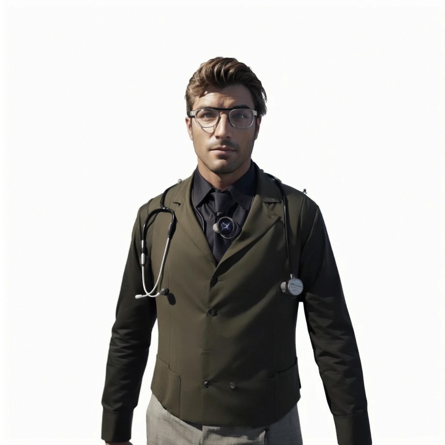 realistic, arafed male in a doctor's uniform and glasses with a stethoscope, professor clothes, doctor, gta character, (doctor), surgeon, medic, medical doctor, mechanic punk outfit, elite scientist, detective clothes, pilot outfit, inspired by Doc Hammer, the doctor, realistic