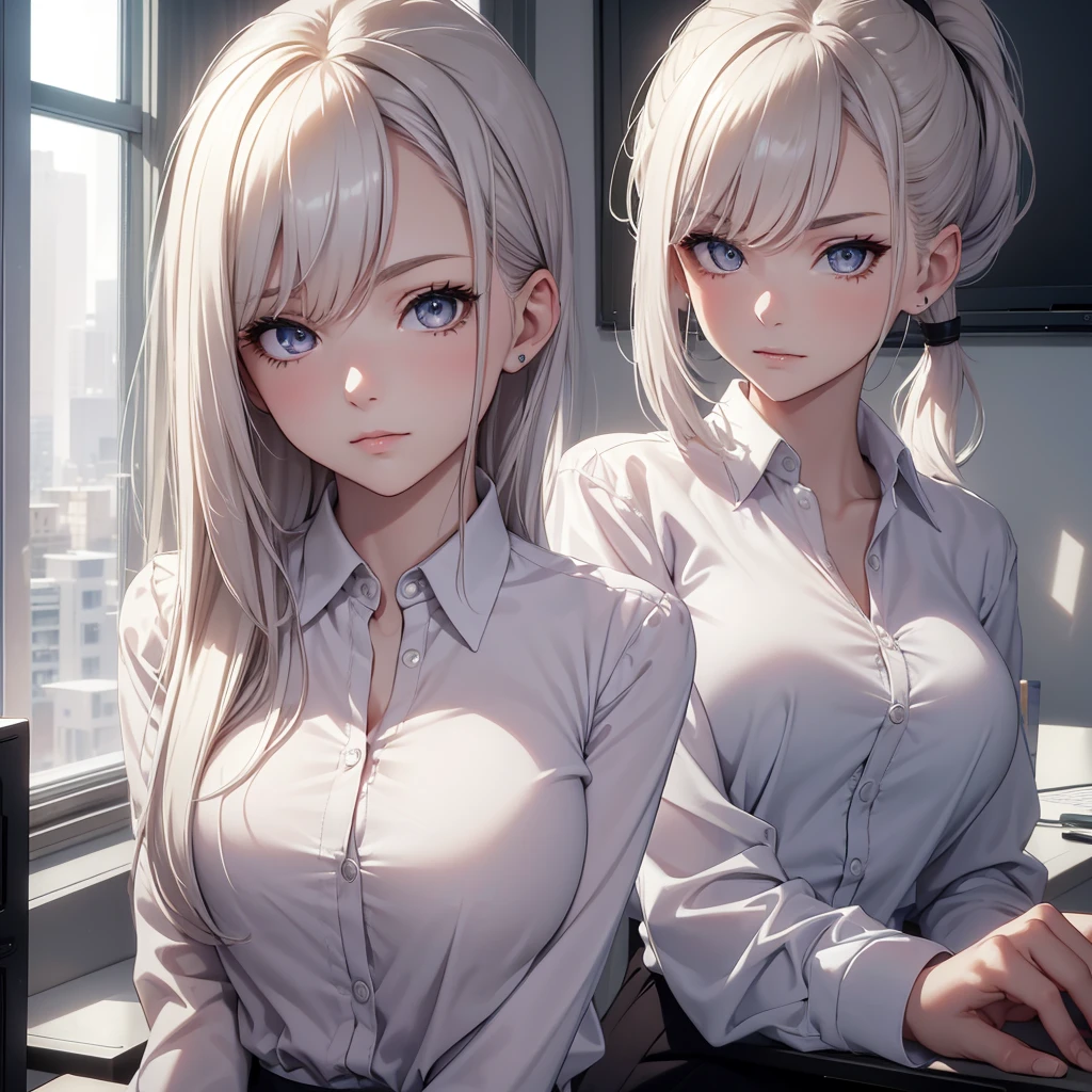 (8K, Best Quality, Masterpiece, Ultra High Resolution) 1Girl, Beautiful Eyes, Face Details, Platinum Hair, Hair Ponytail, Hazel Eyes, Pale Skin, Slender, Office Attire, Blouse, Skirt, Sitting in Office, Best Quality, Upper Body, Looking at the Viewer, Facing Viewer, Close Up