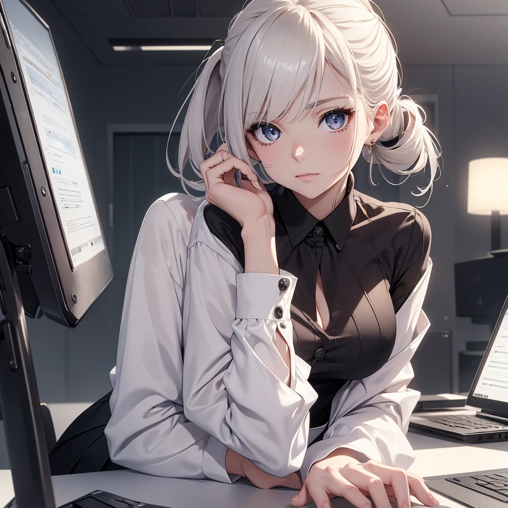 (8K, Best Quality, Masterpiece, Ultra High Resolution) 1Girl, Beautiful Eyes, Face Details, Platinum Hair, Hair Ponytail, Hazel Eyes, Pale Skin, Slender, Office Attire, Blouse, Skirt, Sitting in Office, Best Quality, Upper Body, Looking at the Viewer, Facing Viewer, Close Up
