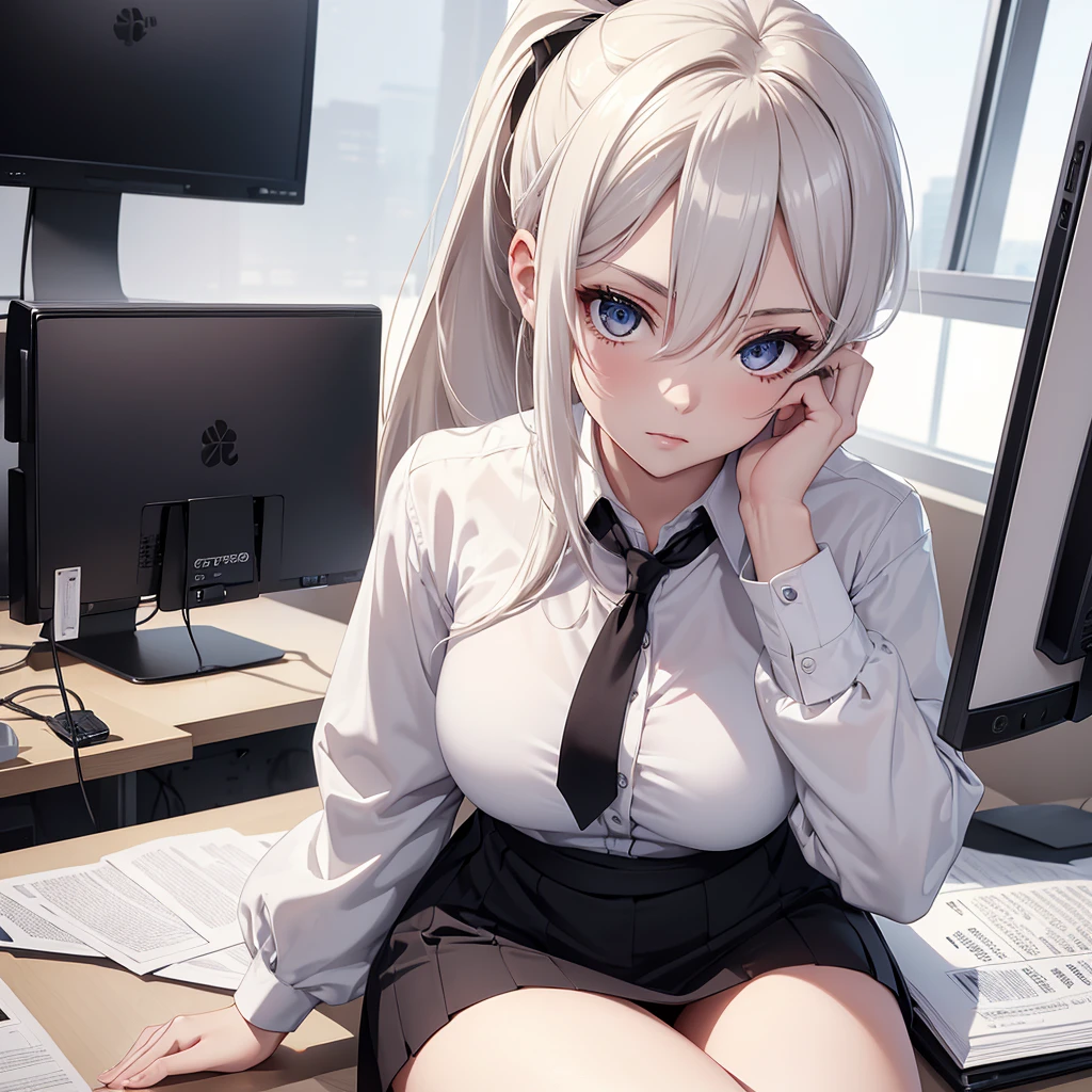 (8K, Best Quality, Masterpiece, Ultra High Resolution) 1Girl, Beautiful Eyes, Face Details, Platinum Hair, Hair Ponytail, Hazel Eyes, Pale Skin, Slender, Office Attire, Blouse, Skirt, Sitting in Office, Best Quality, Upper Body, Looking at the Viewer, Facing Viewer, Close Up