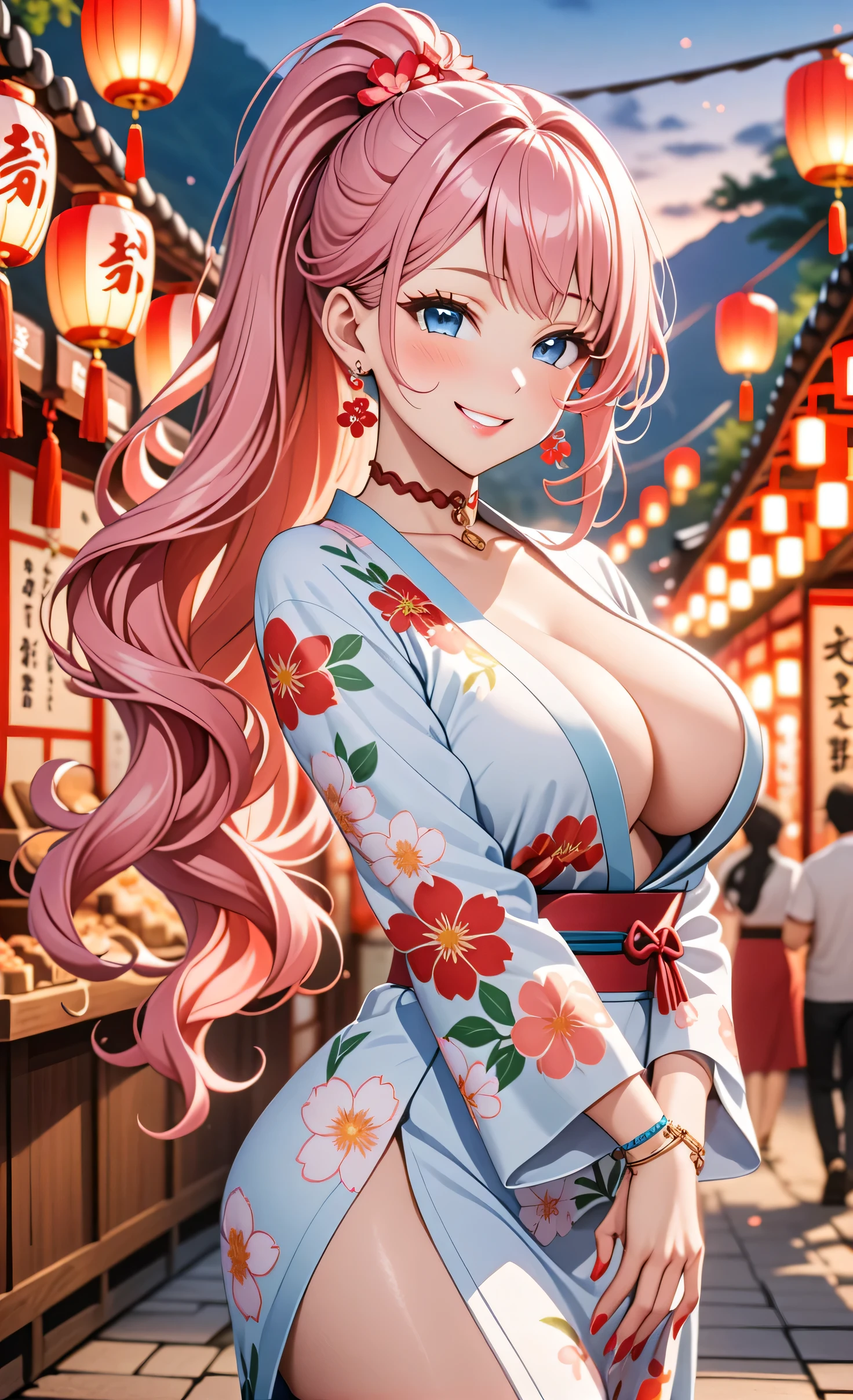 ultra-detailed, ((one girl)), hyper detailed, absurdres, 8K, Beautiful Face, (Laugh shyly), ((teasing smile:1.8)), ((Wink:2.0)), (Laugh with your mouth wide open),(Tilt your head:1.3), View your viewers, ((Bright red cheeks:1.6)),Glossy Red Lips, ((Big Breasts:1.5)), (valley),night, Shrine festival stalls, (Brighten your face), ((Anime style background)),masterpiece, Highest quality, so beautiful,Latest, Complex details, (Pink long nails), (nail art), (ring),(bracelet), (Floral Choker),AI-generated, Complex,High resolution, Highest quality, super high quality,3D Images、3D Images,One person,Pastel pink long hair,(High Ponytail), (wavy hair:1.3), Pastel anime woman posing for a photo, ((Fine grain、blue eyes、glowing eyes:1.5)), (Squint your eyes:1.1),a hyperRealistic , hyperRealistic , Realistic,Anime woman with long pastel pink hair, Smooth anime CG art, A girl in a gorgeous pastel-colored kimono, ((White long-sleeved kimono)),(Pink large floral pattern) ,Long flower hair ornament,Floral Earrings,Mature Body, tall,Abdominal muscles,Tight waist,((arched back:1.9)), (front view),