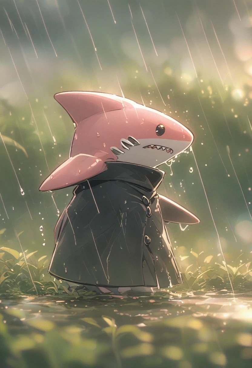 Sexy pink Shark Girl wearing a black trench coat,(No humans),E7E48U，Wet body，rain, Background grassland