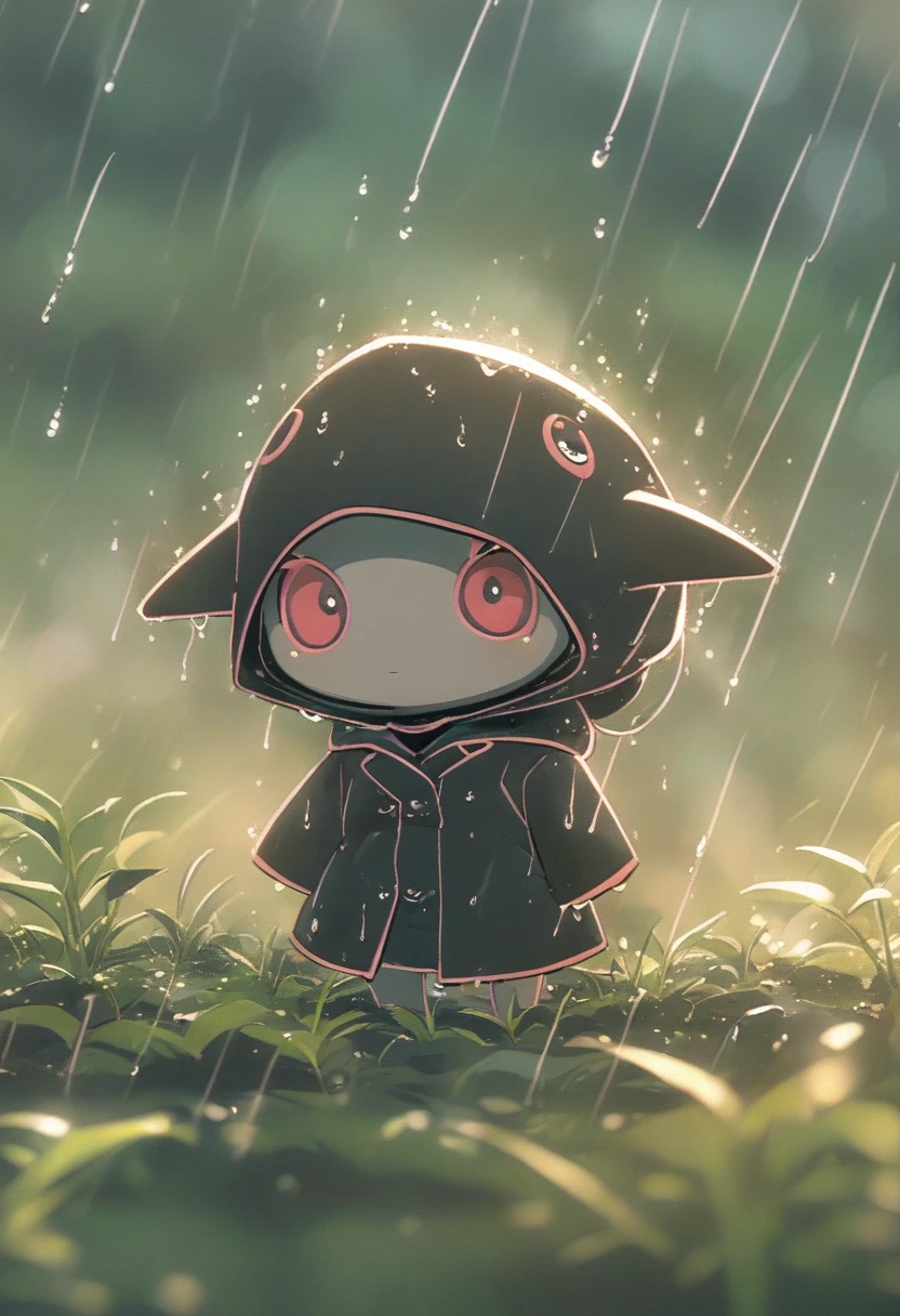 Sexy pink Shark Girl wearing a black trench coat,(No humans),E7E48U，Wet body，rain, Background grassland