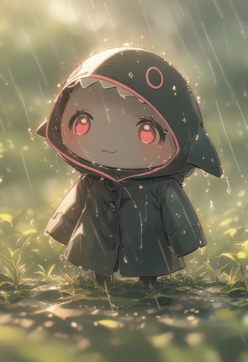 Sexy pink Shark Girl wearing a black trench coat,(No humans),E7E48U，Wet body，rain, Background grassland