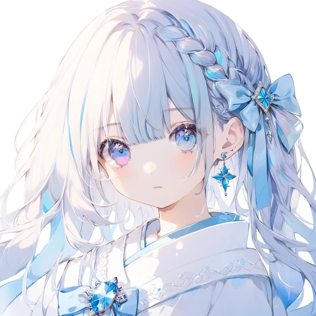 One girl, Long Hair, pastel colour, Portraiture, Medium chest, Line art, Simple Background, (watercolor:0.5)Light blue hair、Light blue eyes、Gemstone motif、Sparkling、high resolution、Highest quality、Medium Hair、Outside flip、cute、Stylish design background（Light blue and white）、