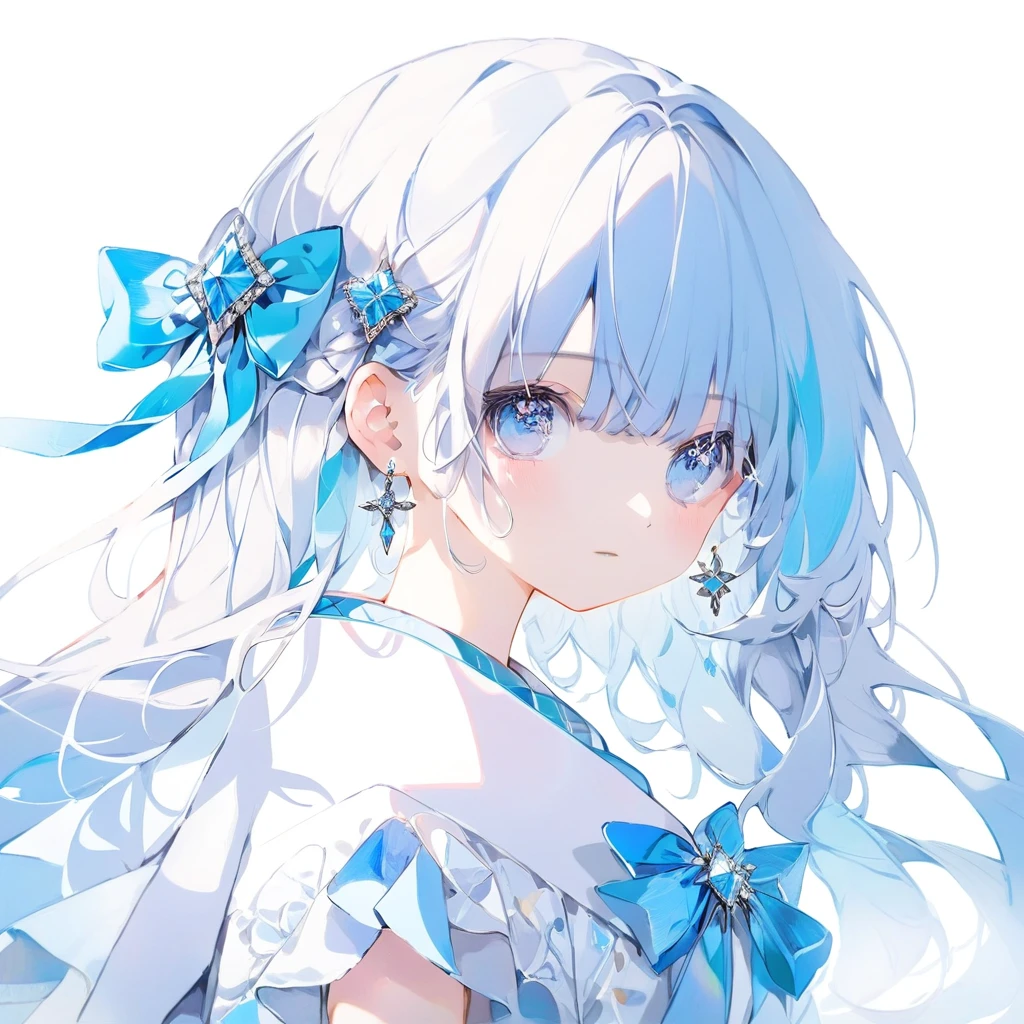 One girl, Long Hair, pastel colour, Portraiture, Medium chest, Line art, Simple Background, (watercolor:0.5)Light blue hair、Light blue eyes、Gemstone motif、Sparkling、high resolution、Highest quality、Medium Hair、Outside flip、cute、Stylish design background(Light blue and white)、