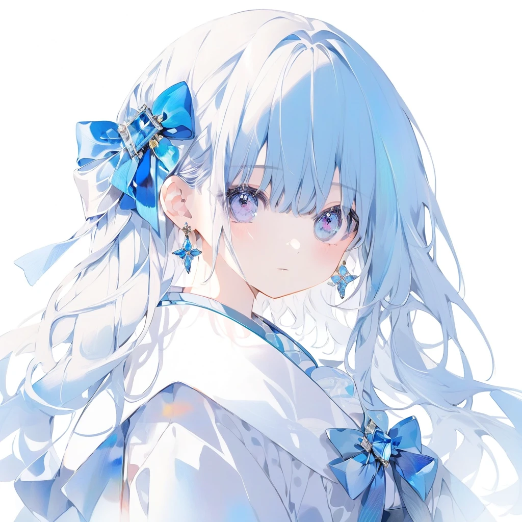 One girl, Long Hair, pastel colour, Portraiture, Medium chest, Line art, Simple Background, (watercolor:0.5)Light blue hair、Light blue eyes、Gemstone motif、Sparkling、high resolution、Highest quality、Medium Hair、Outside flip、cute、Stylish design background(Light blue and white)、