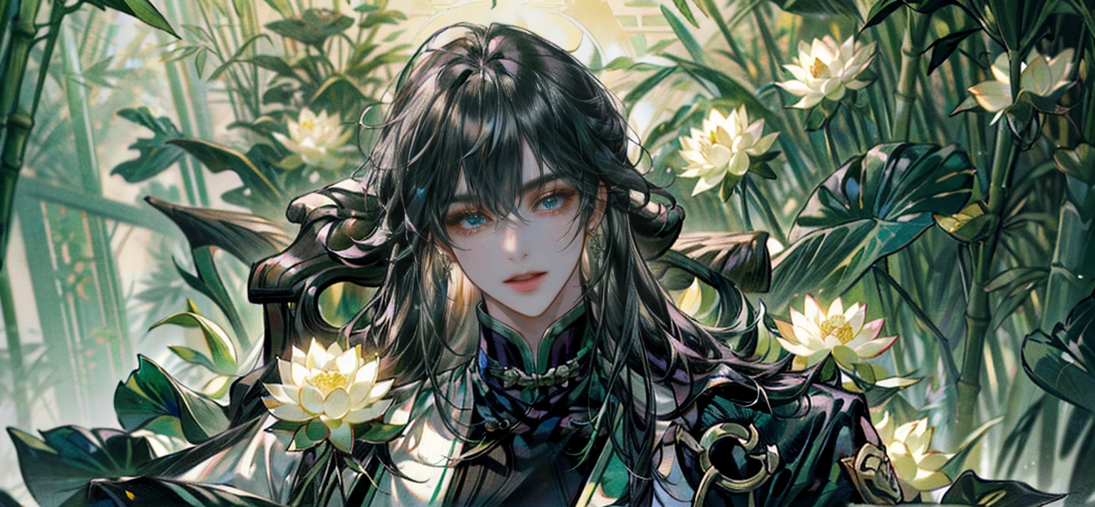 extraordinarily beautiful youth, a bright, innocent smile,All green clothing,(absurdres, highres, ultra detailed, HDR), masterpiece, best quality, (1 boy) , boy character ,((Thick black long hair)),beautiful face,detailed interior, detailed character,((man)),(lotus Flowers in bamboo forest), black hair,he smile,(white lotus), house of China in bamboo Forest , beautiful and cute man ,(long black hair),black eyes,((solo man)),(he has a Big eyes, charming lips, slim nose and small face),(slim figures and no muscle),thin boy,slim body, slim figures  ,very long hair,( black eyes)