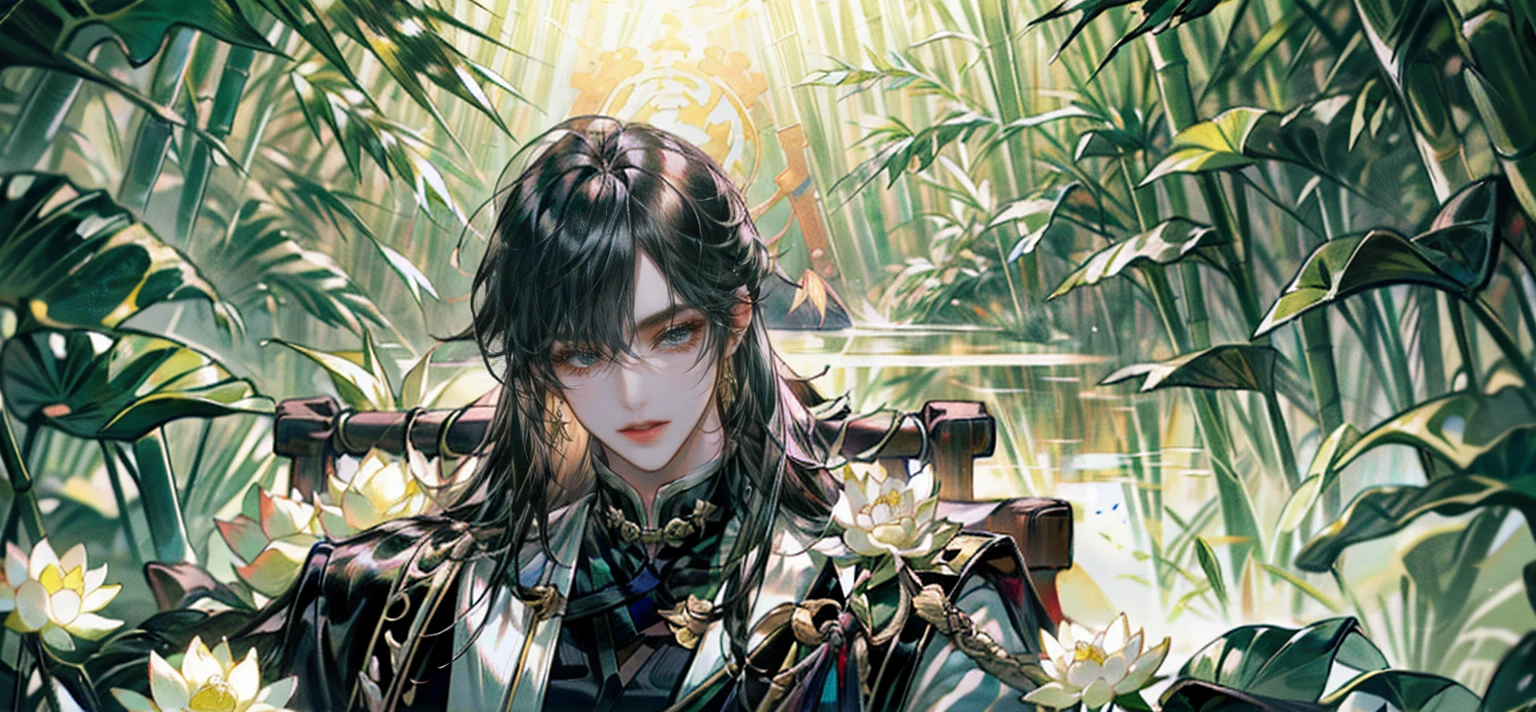 extraordinarily beautiful youth, a bright, innocent smile,All green clothing,(absurdres, highres, ultra detailed, HDR), masterpiece, best quality, (1 boy) , boy character ,((Thick black long hair)),beautiful face,detailed interior, detailed character,((man)),(lotus Flowers in bamboo forest), black hair,he smile,(white lotus), house of China in bamboo Forest , beautiful and cute man ,(long black hair),black eyes,((solo man)),(he has a Big eyes, charming lips, slim nose and small face),(slim figures and no muscle),thin boy,slim body, slim figures  ,very long hair,( black eyes)