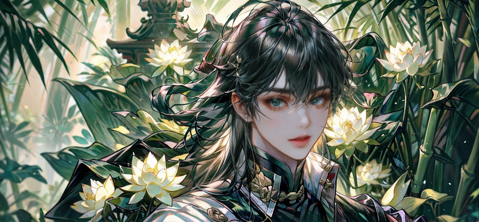 extraordinarily beautiful youth, a bright, innocent smile,All green clothing,(absurdres, highres, ultra detailed, HDR), masterpiece, best quality, (1 boy) , boy character ,((Thick black long hair)),beautiful face,detailed interior, detailed character,((man)),(lotus Flowers in bamboo forest), black hair,he smile,(white lotus), house of China in bamboo Forest , beautiful and cute man ,(long black hair),black eyes,((solo man)),(he has a Big eyes, charming lips, slim nose and small face),(slim figures and no muscle),thin boy,slim body, slim figures  ,very long hair,( black eyes)