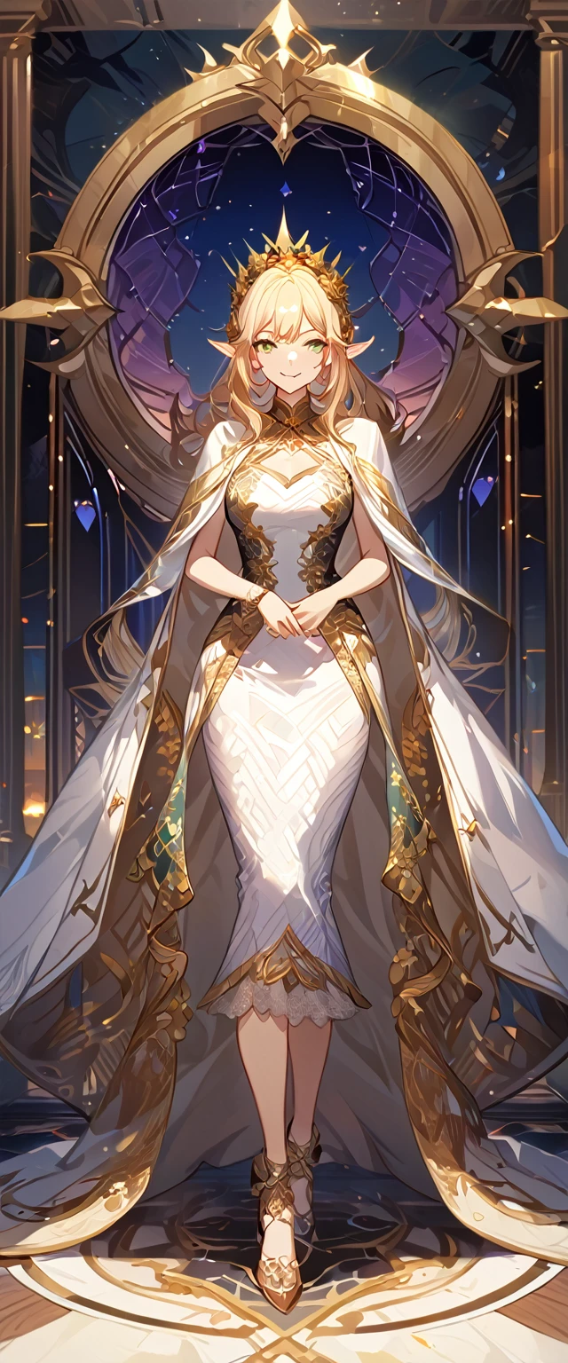 masterpiece, best quality, 8k ,4k , 1girl, elf queen, blond reddish hair, green eyes, big chest, gold wreath crown, hair ornament, finely detailed eyes and detailed face, looking at viewer, white sleeveless, Lace dress, patterned clothes, gold embroidery clothes, meticulous clothes, mature clothes, transparent cape with lace, majestic looks, smiling gently, small bird, full body, inspired by Asukaziye artist : ask, art style : ask