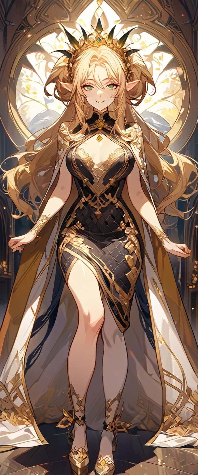 masterpiece, best quality, 8k ,4k , 1girl, elf queen, blond reddish hair, green eyes, big chest, gold wreath crown, hair ornament, finely detailed eyes and detailed face, looking at viewer, white sleeveless, Lace dress, patterned clothes, gold embroidery clothes, meticulous clothes, mature clothes, transparent cape with lace, majestic looks, smiling gently, small bird, full body, inspired by Asukaziye artist : ask, art style : ask