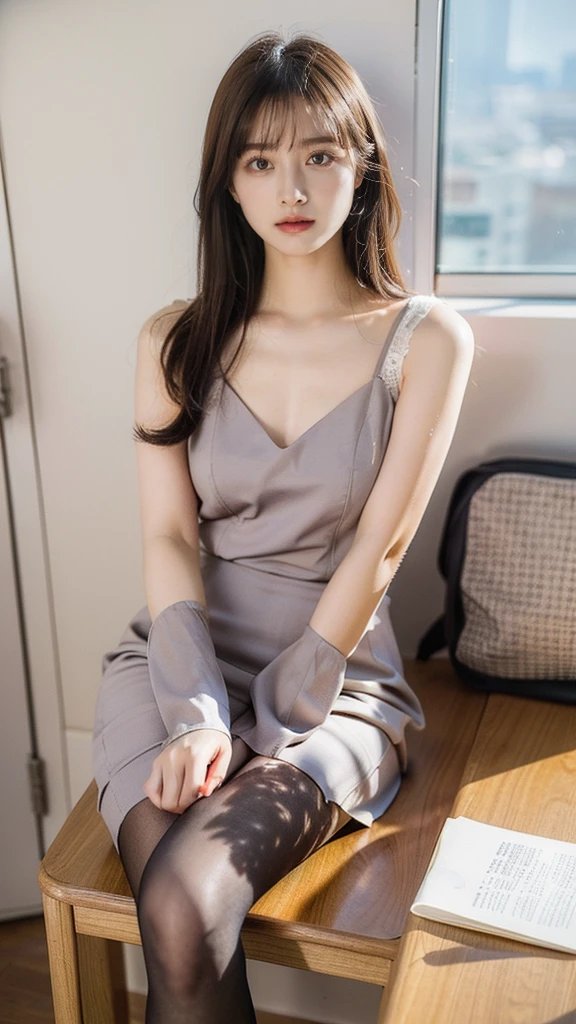 (8K、RAW photography、Highest quality、masterpiece:1.2)、(Realistic、Photorealistic:1.37)、Ultra-high resolution、One Girl、cute、solo, Browsing Caution，Highest quality，masterpiece，8K，Droopy eyes，Big Breasts，On the office desk，Wet shirt，Skirt Suit，See-through lingerie, Put your hands on the desk, Raise your left foot above the desk, Spread your legs, Skirt flipped up, Thin tights, Lace panties,  Exquisite detail and subtle sparkle. Photograph her in poses that reflect both grace and confidence, Enhance visual effects with cinema lighting. Use modern 2D design for the background, Create beautiful, balanced compositions. Enhance the scene with elements such as depth of field, bloom effect, And a touch of sparkle, Add a dreamy texture to the overall image. Pay close attention to detail