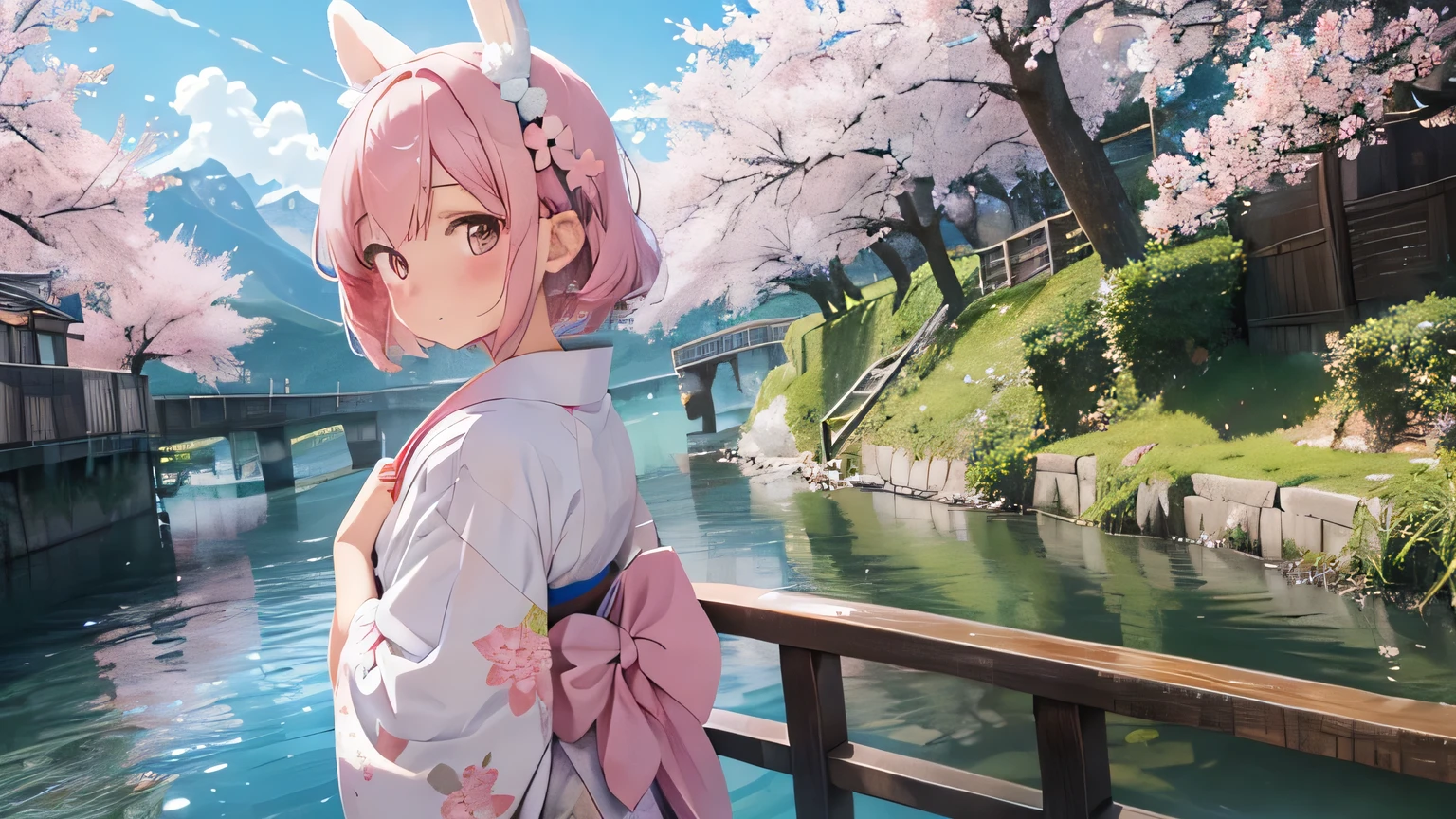 an anime girl in white Holding pink flowers by a river with Mountains in the background, Highest quality, pretty girl, pastel colour, Fluffy bunny ears, Pink short bob,Pale pink eyes,Age 25, Outdoor, kimono, alone, cherry blossoms, kimono, hair, View your viewers, Mountain, blush, flower, bridge, hair飾り, Holding flower, Holding, 前hair, sash, Day, wood, heart