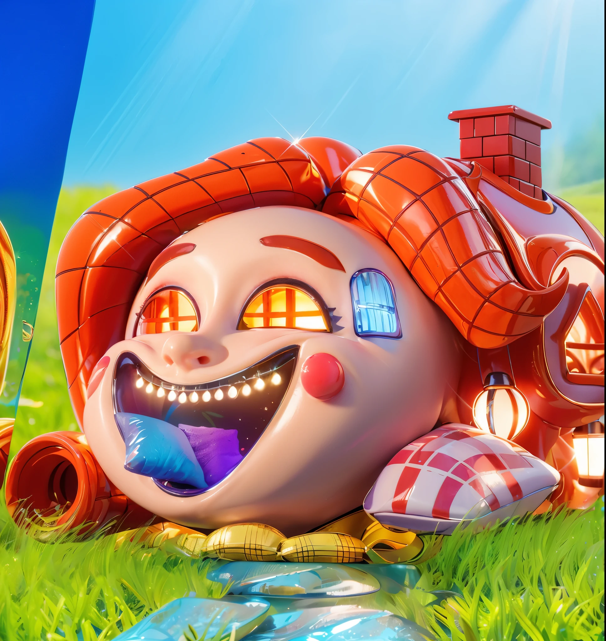 3d style, simplified design, 3d render, glossy texture, smooth 3d model, multiple light sources, rim light, sharp post effects render, (glossy plastic texture with multiple big light probe refractions), perfect cgi, smooth silhouette, high intensity refraction, (super glossy material), most beautiful vfx , blue background, plastic refractions, realistic, 4k, high resolution, rim light, photo shoot, commercial photo, profile shot, 4k, rim light, high resolution, 4k, glossy texture, smooth 3d model, multiple light sources, rim light, sharp post effects render, (glossy metallic texture with multiple big light probe refractions), perfect cgi, cgi art created only with gradients, smooth silhouette, high intensity refraction, (super glossy chrome material), most beautiful vfx, blue background, chrome metal refractions, multiple light sources, rim light, sharp post effects render, perfect cgi, digital art, detailed digital art, reflective, best quality, 4k, masterpiece:1.2, ultra-detailed, realistic, vivid colors, dark and moody lighting, The image of the highest quality, ensuring every detail is showcased perfectly. It in 4k resolution, allowing viewers to immerse themselves in the richness of the colors and intricate details. The realistic rendering. under the spotlight, reflecting, high-resolution image, realistic rendering, dark background, and rim light photorealistic The image features three characters standing in front of three houses. The characters are a red-haired mermaid, a purple cat, and an orange dog. They are each holding a yellow maraca
