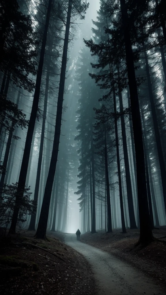 In the depths of darkness lies an unknown world, full of dark secrets and terrifying creatures. Dark, twisted trees wrap around each other, creating an impenetrable web of shadows. Pale, greenish lights flicker here and there, as if the eyes of hidden creatures were lurking in the darkness. On the horizon there is only a black void that seems to absorb all light and hope. This is a place where every path leads to the unknown, and the echo of your footsteps is the only companion in this endless, icy silence.