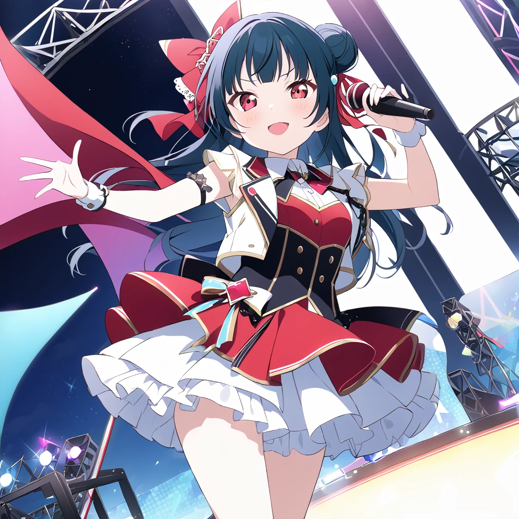 Yoshiko Tsushima Live Stage Blue Hair semi-long One-sided bun microphone A shining stage Red Eye Live costume for "We Know What the Future Holds"