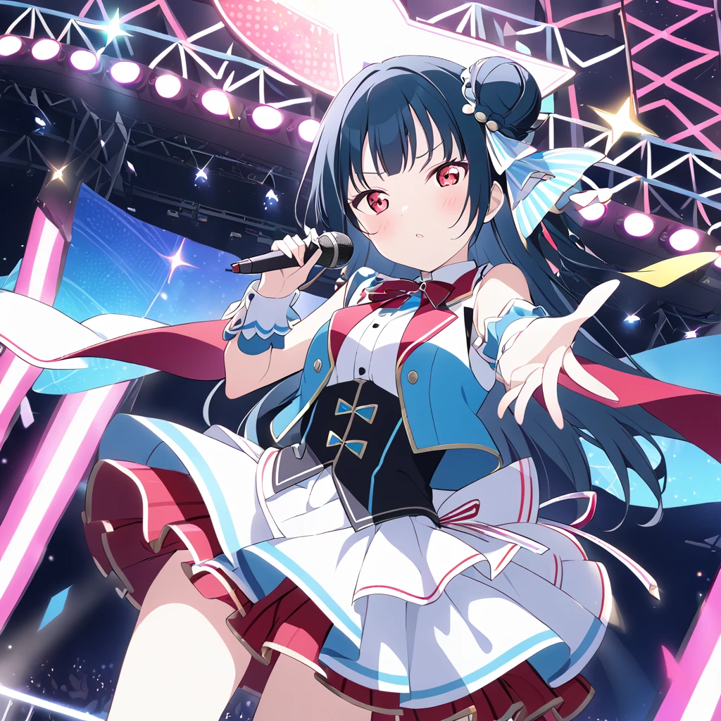 Yoshiko Tsushima Live Stage Blue Hair semi-long One-sided bun microphone A shining stage Red Eye Live costume for "We Know What the Future Holds"