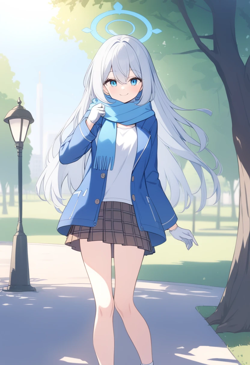 girl，Silver long hair, blue eyes, Wearing a blue hooded jacket,Wears a blue hood，A sky blue scarf, A white T-shirt, White gloves, and plaid skirt, Standing in the park，Smile, Blue Halo，