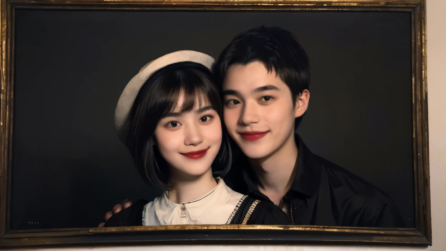 252 (An 18-year-old female and an 18-year-old male), (short hair),kind, lipstick, (Rembrandt-style painting), smile