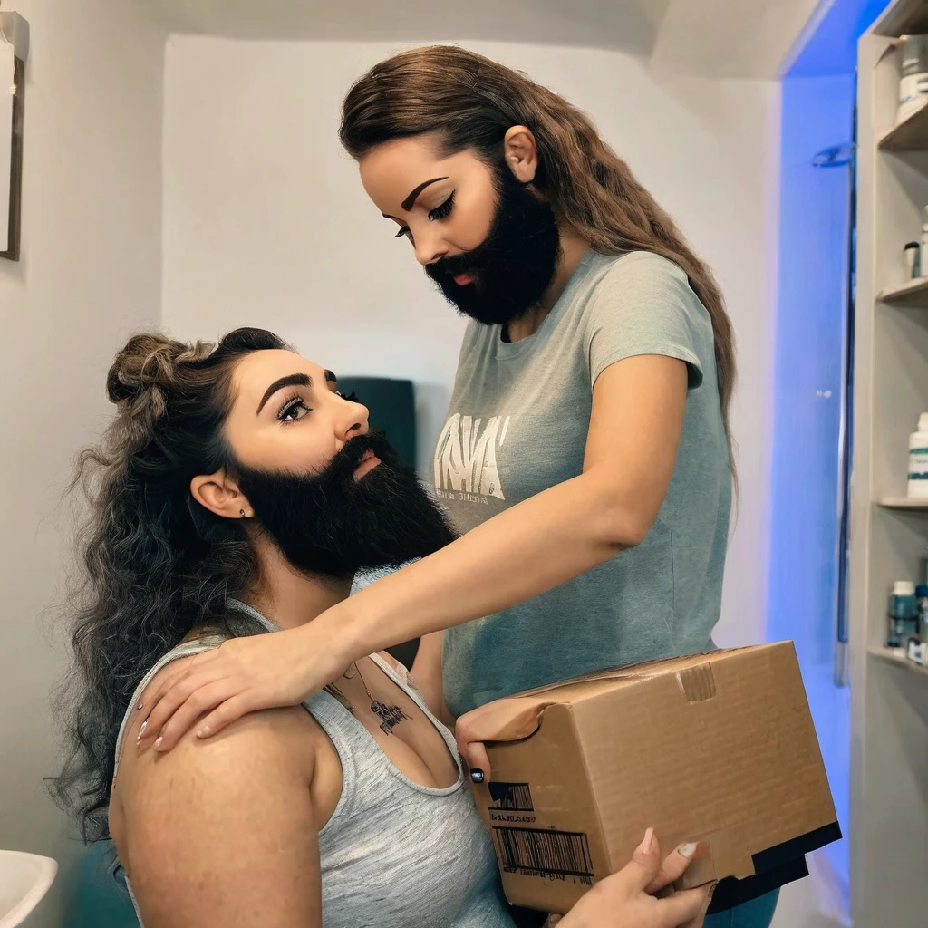 young, hugely bearded trans woman receives her package of minoxidil