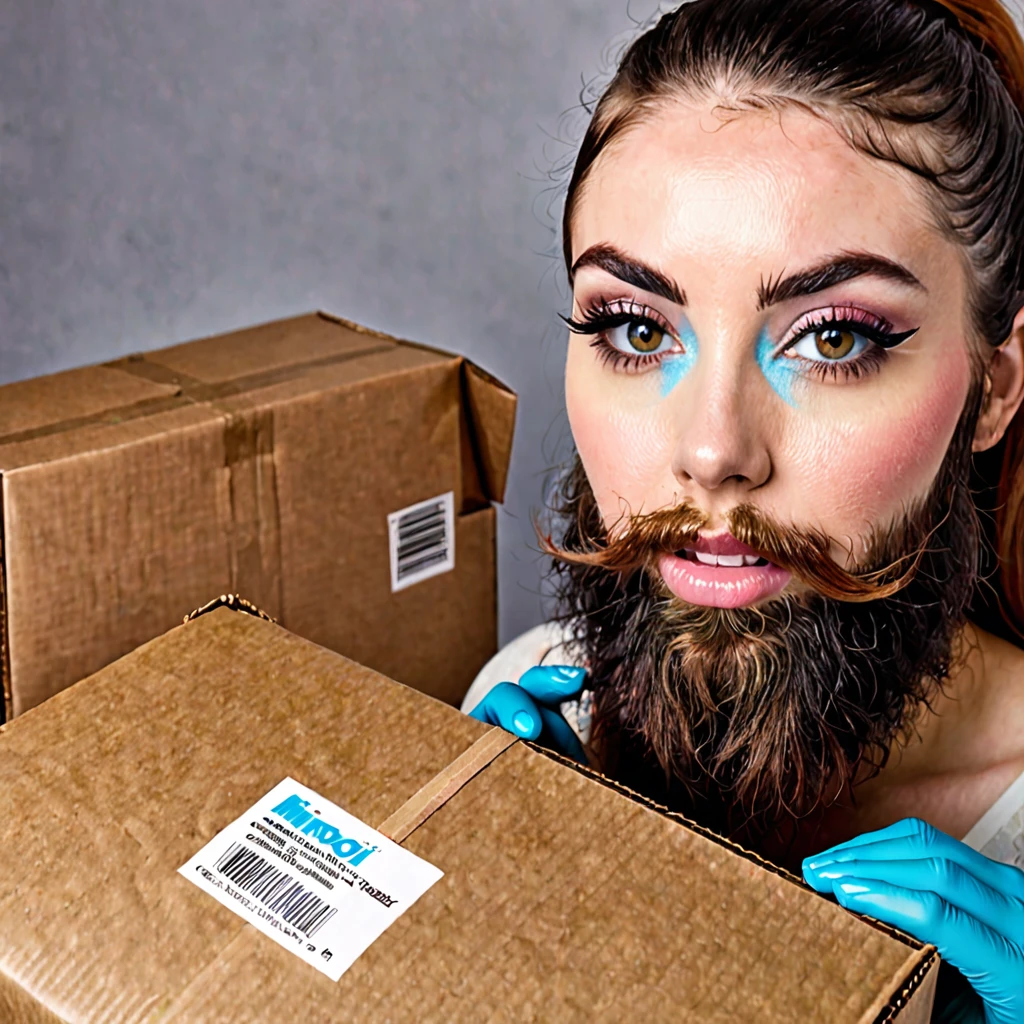 young, hugely bearded trans woman receives her package of minoxidil