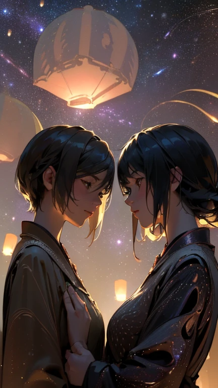 nsfw, Masterpiece, top quality, highly detailed, Photorealistic style, Chiaroscuro style, backlighting, 

2 girls, A lesbian couple in yukata,
looking at the camera,
A close-up of their beautiful faces,

(Lots of fireworks all over the sky,
Many Lanterns floating in the sky,
big shining milky way:1.4),