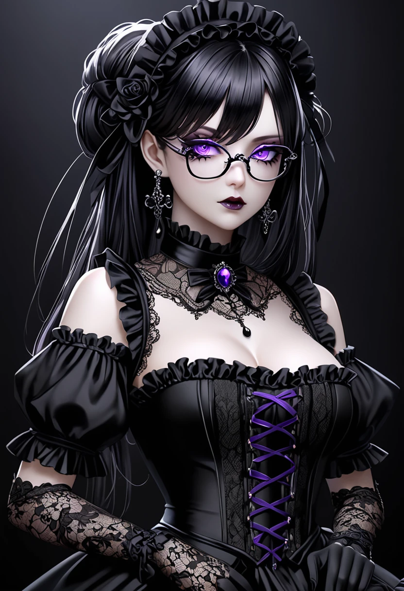 Gere imagens de: obra-prima, melhor qualidade, alta-resolução, foto em 8K. mature, stunning gothic maid, long flowing black hair, piercing intense violet eyes glowing in the dark, elegant eyeglasses, porcelain skin, intricate lace maid outfit, form-fitting corset, detailed frills, black and white color scheme, delicate gloves, dark and mysterious allure, gothic beauty, serious and intense expression, gothic accessories, intricate choker, dark and elegant ribbons, somber elegance, respected and admired, dark background