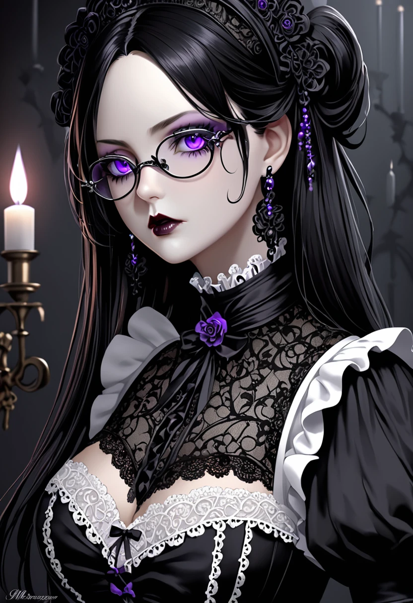 Gere imagens de: obra-prima, melhor qualidade, alta-resolução, foto em 8K. mature, stunning gothic maid, long flowing black hair, piercing intense violet eyes glowing in the dark, elegant eyeglasses, porcelain skin, intricate lace maid outfit, form-fitting corset, detailed frills, black and white color scheme, delicate gloves, dark and mysterious allure, gothic beauty, serious and intense expression, gothic accessories, intricate choker, dark and elegant ribbons, somber elegance, respected and admired, dark background