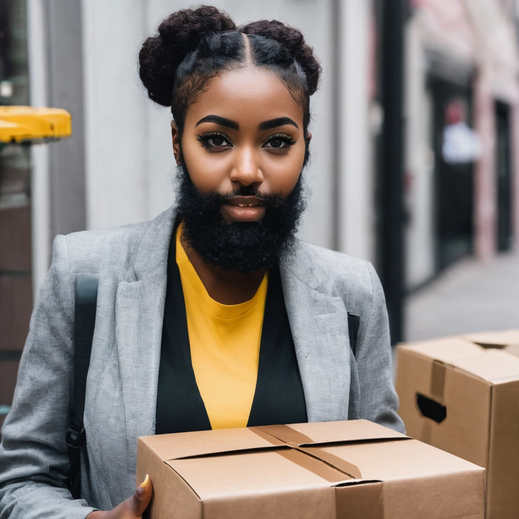 young, hugely bearded trans woman receives her package of minoxidil