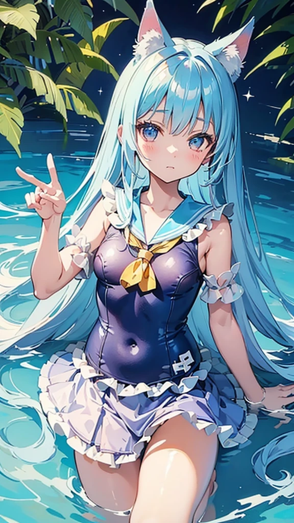 (Intricate and highly detailed illustration of a beautiful anime girl:1.2)、Cute Shota、Cat-eared ager、Light blue long hair、Summery swimsuit、Separate swimsuit、Wearing a sailor-style frilled camisole and frilled skirt style swimsuit、bright、Sparkling、