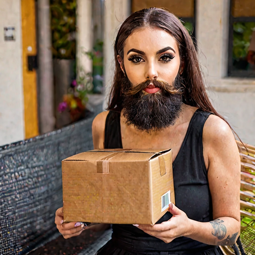 young, hugely bearded trans woman receives her package of minoxidil