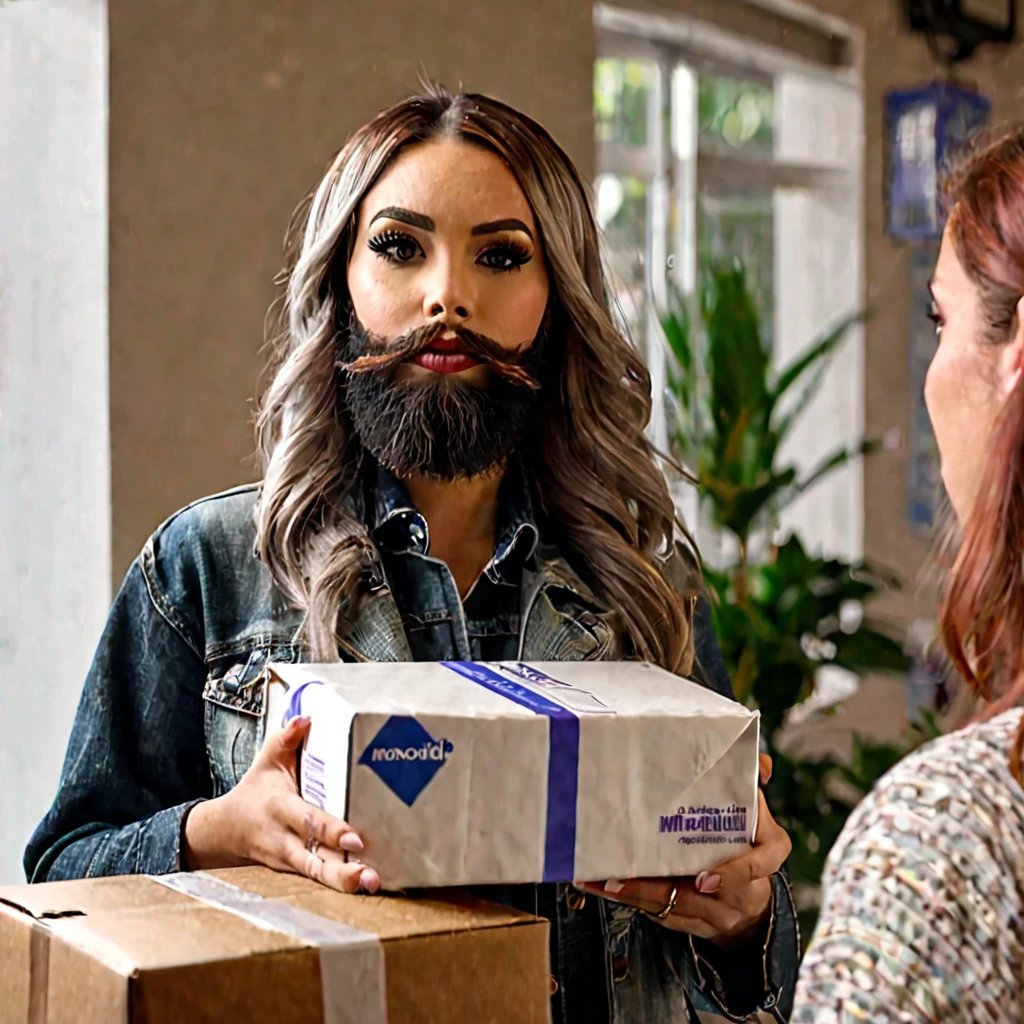 young, hugely bearded trans woman receives her package of minoxidil