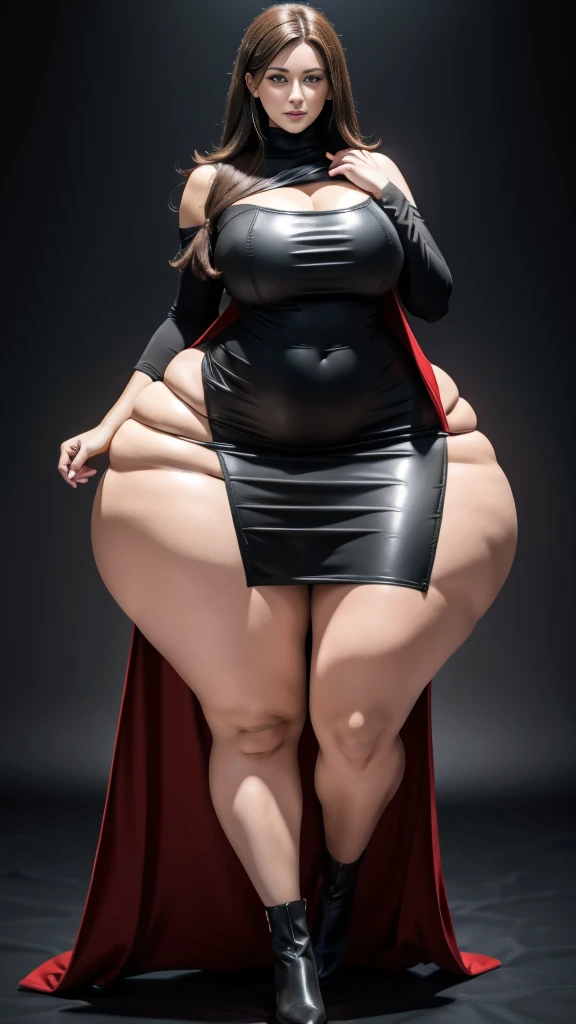 Full body photo of 1 beautiful woman, adult, big body, Voluptuous woman, (very long straight hair),( Brown hair), lined eyelids, makeup eyelids, coat turtleneck, scarf, neckline, (very tight long red sleeveless dress , black bag)dress highlighting her curves, huge butt Tempting , ringing, curvy hourglass figure,extra wide hips,small waist,,flat stomach,, oppai ratio, Tight skirt , high