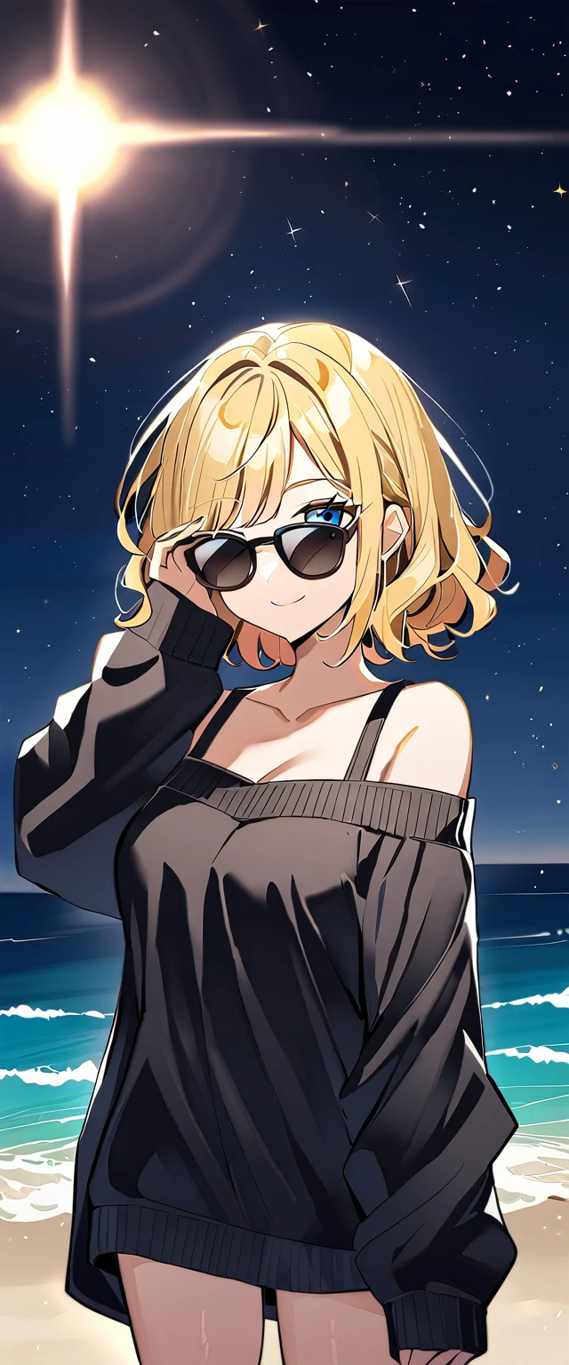 ((grin)), ((off-shoulder sweater:1.3, Quite thick shoulder straps)), ((black sweater)), ((blond hair, bob cut:1.3)), ((sunglasses, hand to sunglasses)), (((from side))), ((((upper body)))), ((Leaning to side)), (((A meteor shower dancing in the night sky, countless stars twinkling in the clear air))), ((sitting on the very high cliff)), wavy hair, inward curled hair, ((sea)), breasts, teenager, (looking at viewer), oversized clothes, puffy long sleeves, collarbone, head tilt:1.3, (((blue eyes))), happy smile, (((anime style))), (best quality, 4K, 8K, highres, masterpiece:1.2, ultra-detailed, ultra-detailed eyes, HDR, uhd, studio lighting, ultra-fine painting, sharp focus, physically-based rendering, extreme detail description, professional, vivid colors, bokeh)