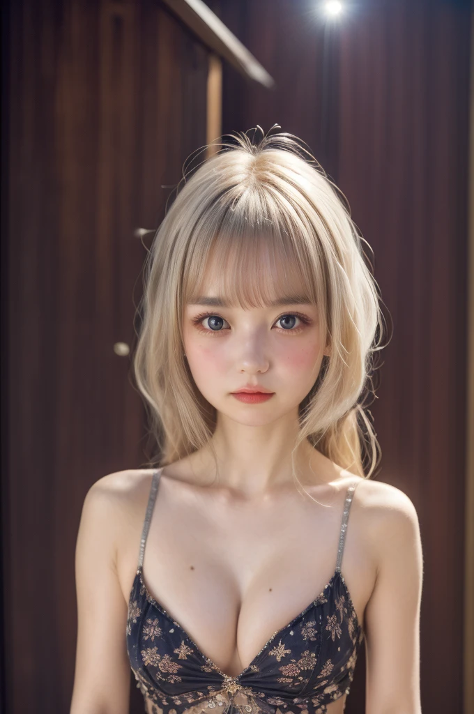 Best Quality,Ultra-high resolution,((Female ))((younger sister))((10th Generation)),1 person,whole body,Light grey hair, Green straight long hair cool look,Looking into the camera,Beautiful skin Yellow bra only,Small breasts,bed,ＭSplitting characters(Small Tits:1.3)