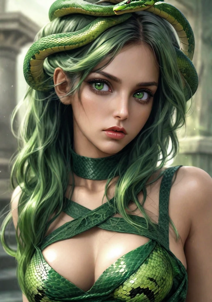 Medusa from Greek mythology, a sensual woman, green eyes, with snakes coming out of her head, green hair, sexy dress with green scales, medium breasts, high definition, HDR, 4k, realism, ultra realistic