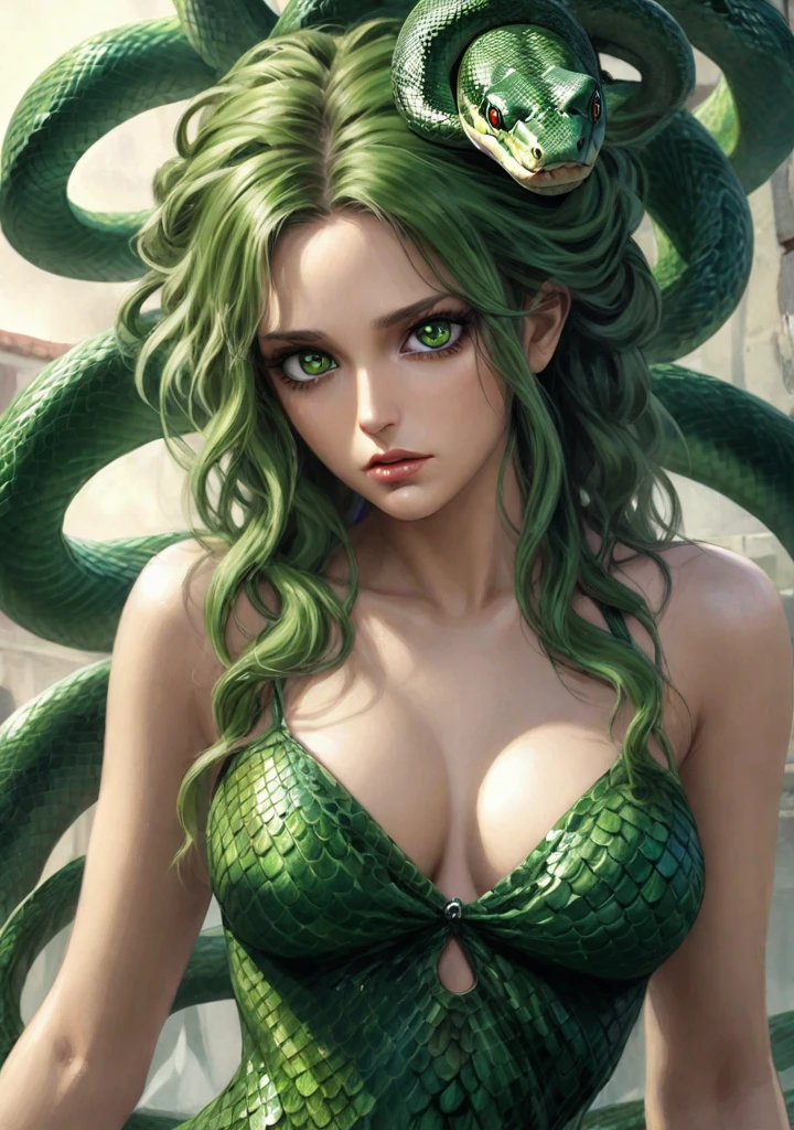 Medusa from Greek mythology, a sensual woman, green eyes, with snakes coming out of her head, green hair, sexy dress with green scales, medium breasts, high definition, HDR, 4k, realism, ultra realistic
