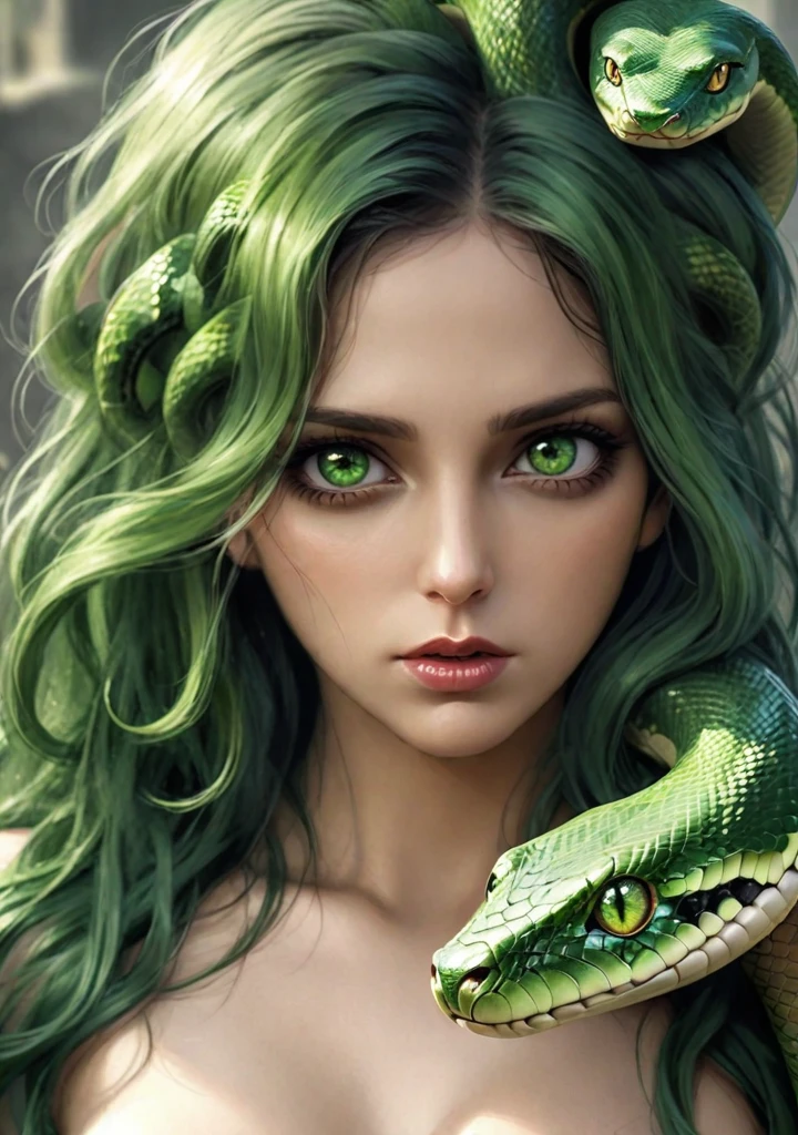 Medusa from Greek mythology, a sensual woman, green eyes, with snakes coming out of her head, green hair, sexy dress with green scales, medium breasts, high definition, HDR, 4k, realism, ultra realistic