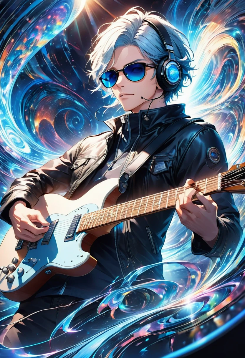  Ideal Anatomy, correct, Detailed, beautiful, очень Detailed, face of a light blue-haired boy in a black jacket, playing guitar in sunglasses, Dynamic angle close-up of a guitarist wearing headphones with a swirl of blue light in the background, bright light, high detail, digital, art station, concept art music atmosphere playing work of art super detailed animation art visuals perfect anatomy correct detailed sharp focus illustration 