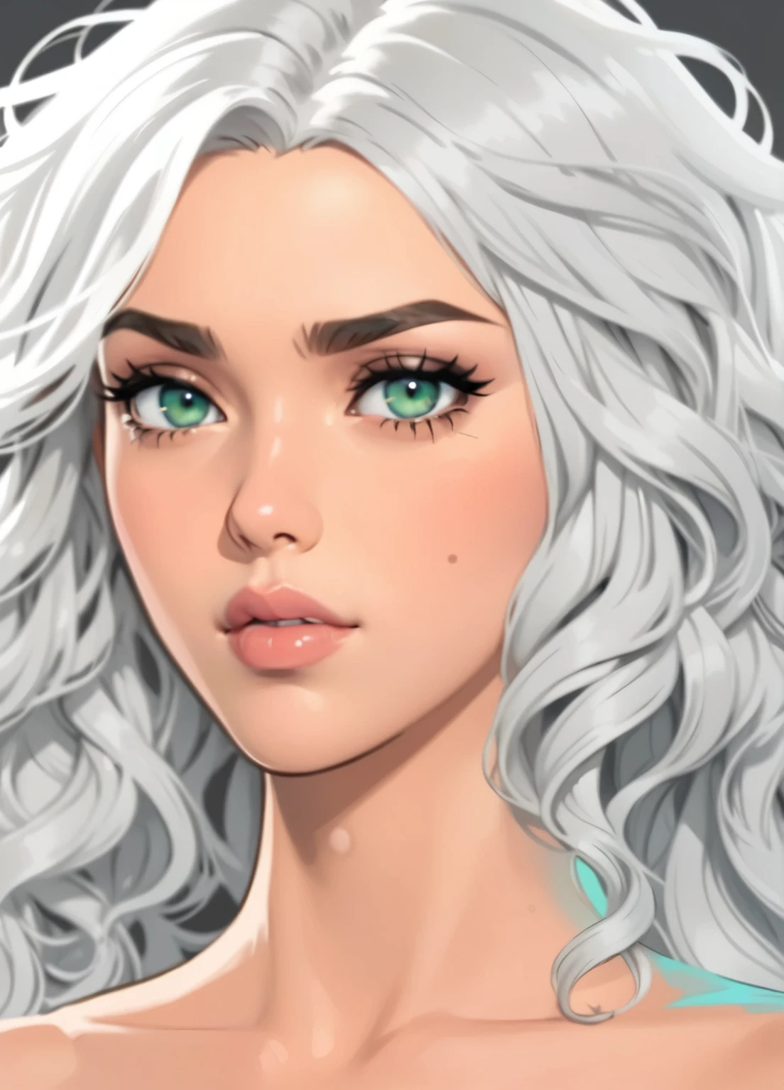 beautiful illustration, ultra-detailed, masterpiece, girl, big lips, white curly hair, anime style